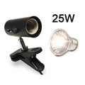 Black clamp light with a 25W bulb on a white background