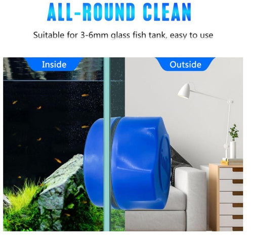 Blue cleaning tool for fish tanks with text indicating suitability for 3-6mm glass tanks.
