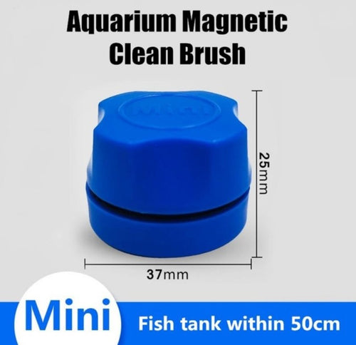 Blue aquarium magnetic clean brush with dimensions on a gray background