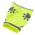Neon green pet coat with gray paw prints on a white background