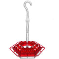 Red and clear hummingbird feeder with a hook on a white background