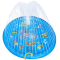 Inflatable water play mat with cartoon animals and water sprays on a white background