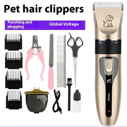 Pet hair clippers set with various attachments on a white background
