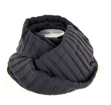 Dark gray ribbed knit infinity scarf on a white background