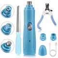 Blue pet grooming tool set with attachments on a white background