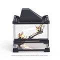 Black fireplace insert with decorative elements on a white background