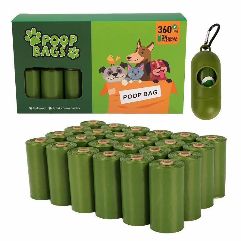 Dog poop bags with packaging and a bag dispenser on a white background