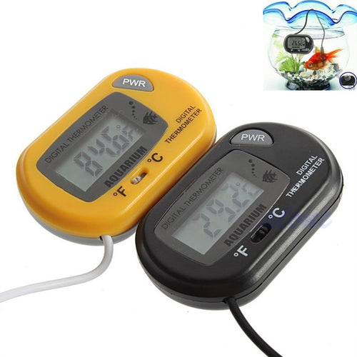 Two digital thermometers for aquariums on a white background with an inset showing their use in a fish tank.