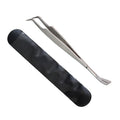 Metal tweezers with a black case on a white background