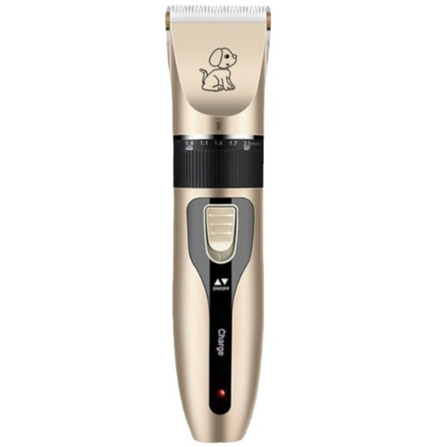 Gold and black pet grooming clipper on a white background