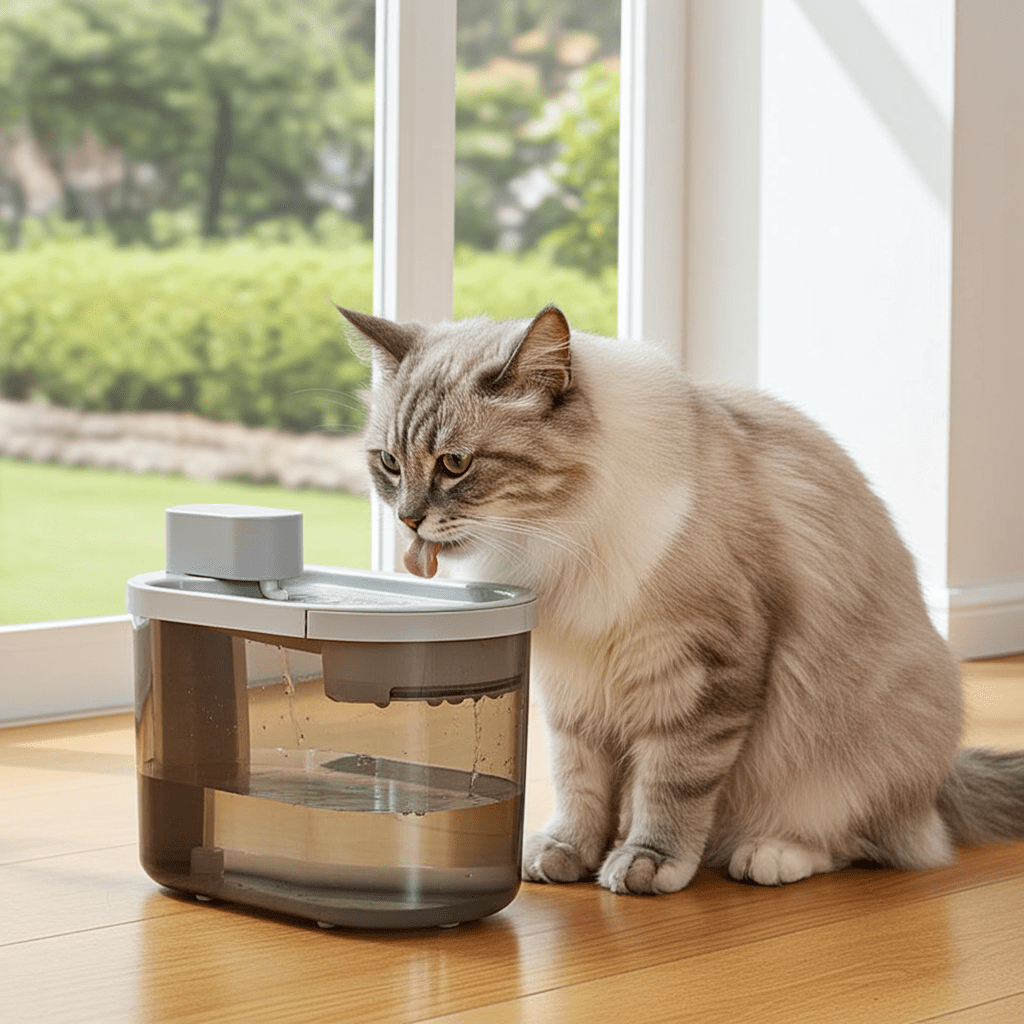 Cat drinking water from a modern pet fountain indoors with a view of greenery outside.
