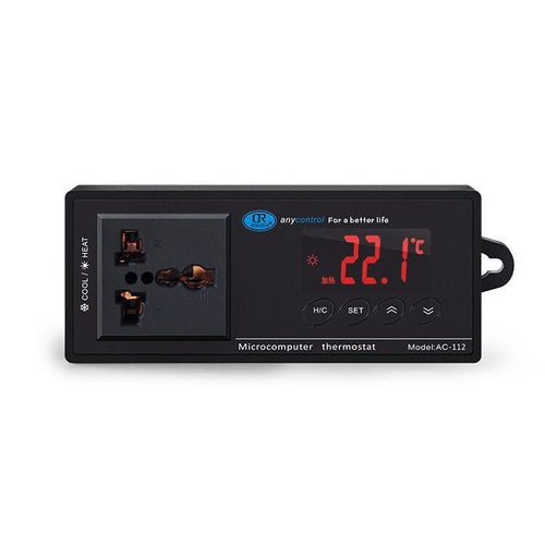Black thermostat with digital display on a white background