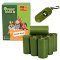 Dog poop bags with packaging and a green dispenser on a white background