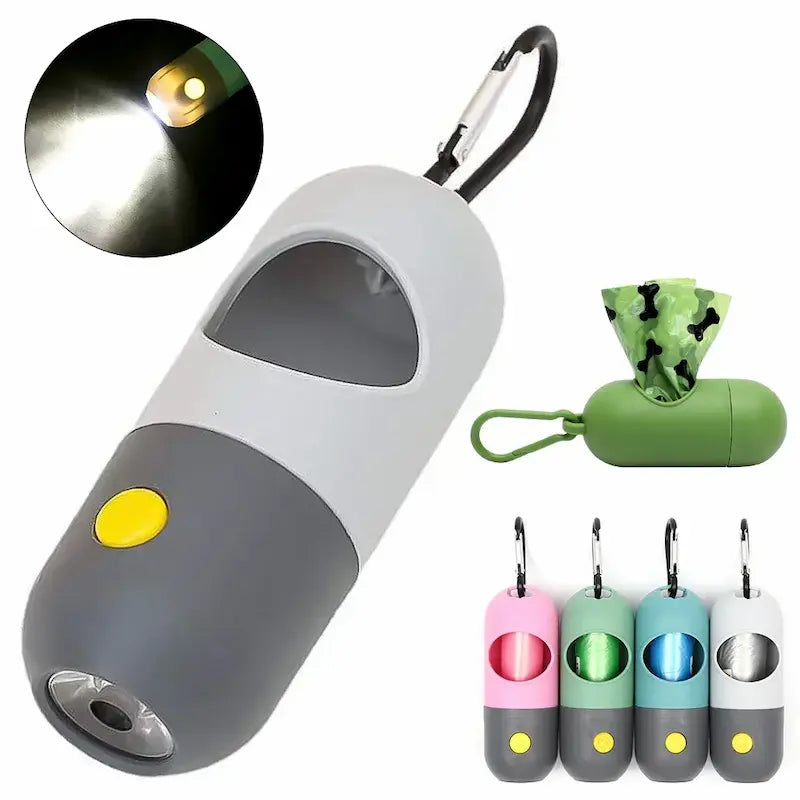 Pet waste bag dispenser with attached bags and close-up of LED light.