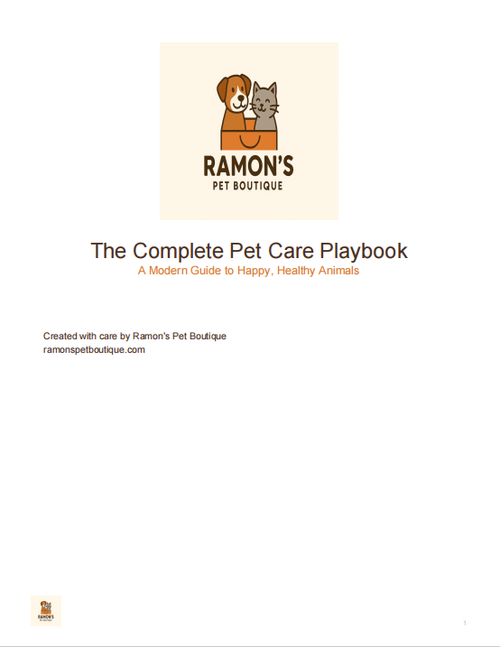 Cover of 'The Complete Pet Care Playbook' by Ramon's Pet Boutique with a dog and cat illustration.