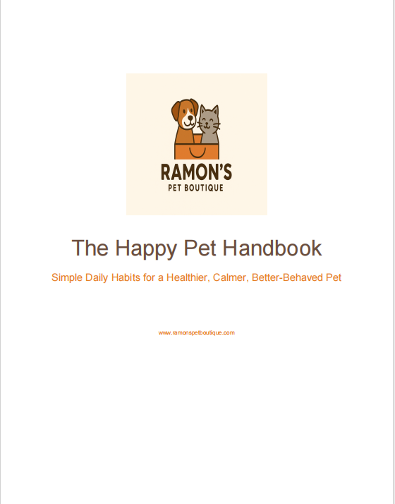 Cover of 'The Happy Pet Handbook' by Ramon's Pet Boutique with a logo of a dog and cat on a beige background.